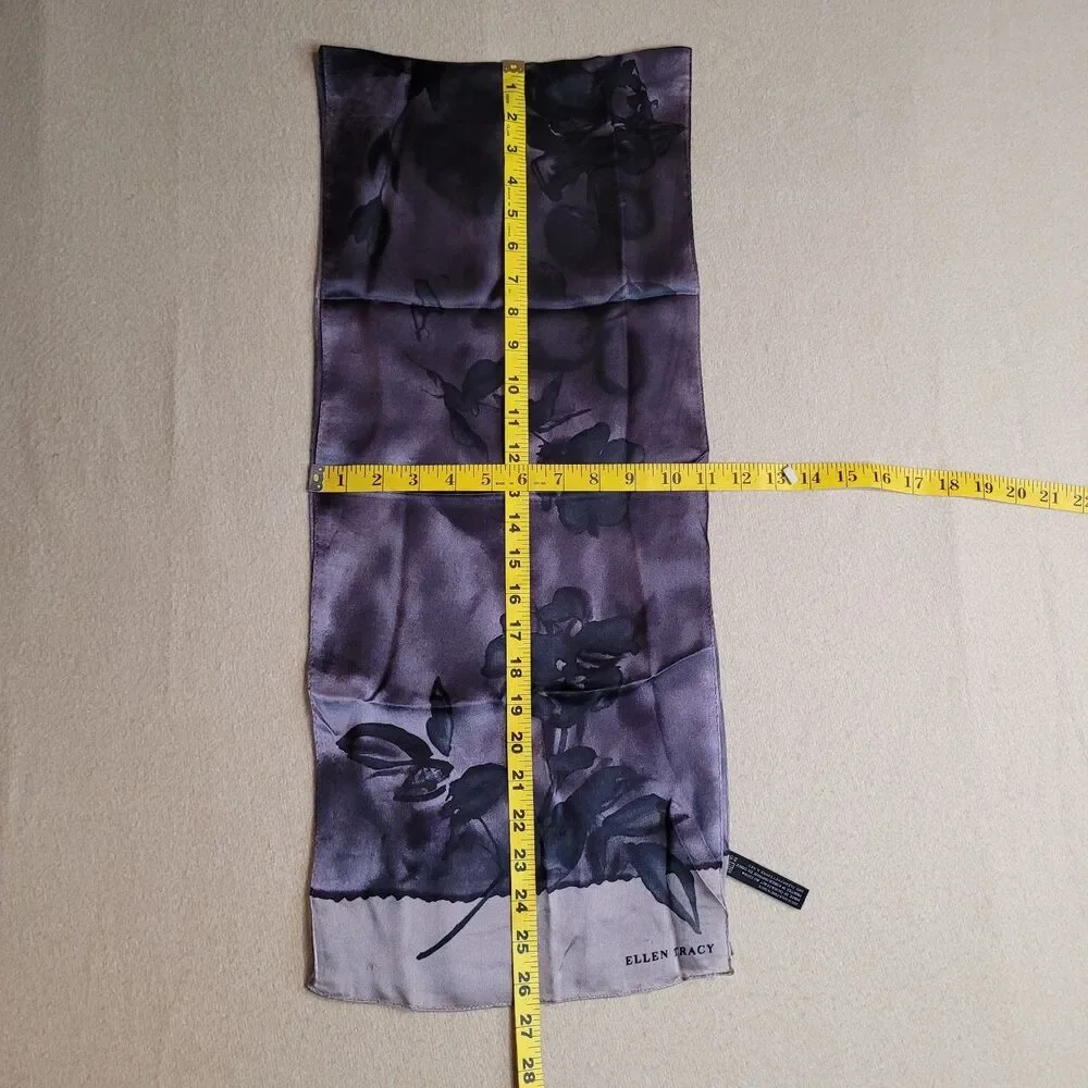 Ellen Tracy Vintage Sheer 100% Silk Scarf Purple Black Floral 53x11 Hand Rolled